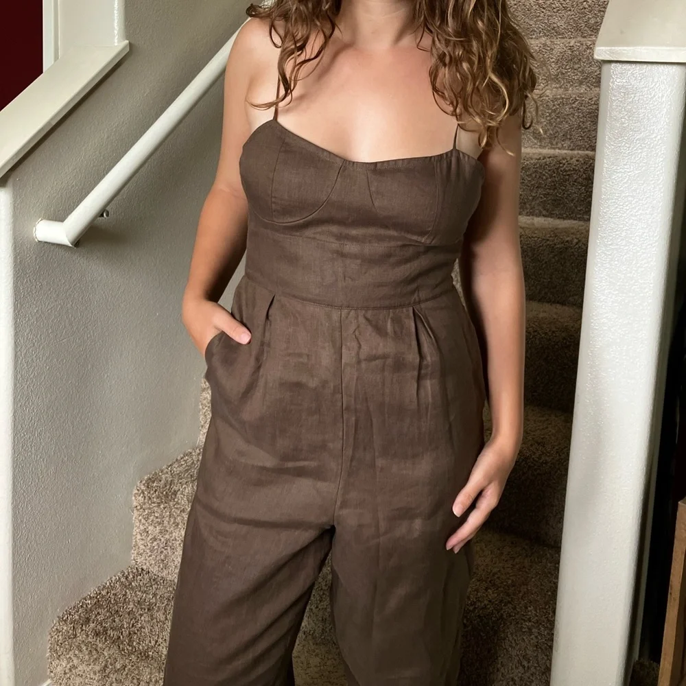 Acacia linen teddy jumpsuit in chocolate - medium - Picture 2 of 5